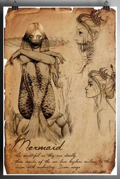 an old paper with two mermaids and the words mermaid written in black ink on it