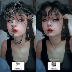 two pictures of a woman with chains around her neck and face, both showing the same amount of makeup