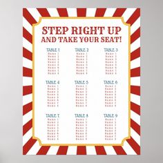 a red and white circus themed seating chart