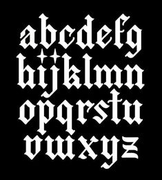 the upper and lower case of an old english font, with white letters on black background