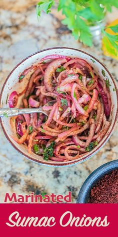 an image of a bowl of food with the title overlay that reads marinated sumac onions