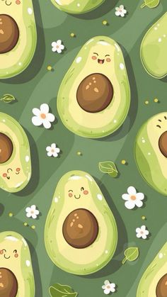 an avocado pattern is shown with flowers and leaves on the green background,