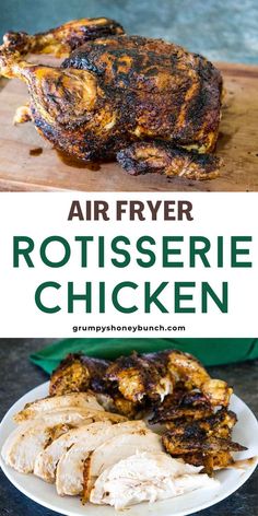 air fryer rotissee chicken on a white plate with the title above it