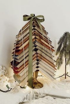 a christmas tree made out of old books