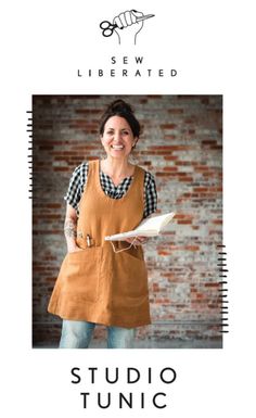 a woman wearing an apron and holding a book in her hand, with the words studio tonic