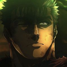 an anime character with green hair staring at the camera, in front of a dark background