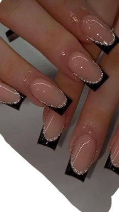 Fancy Black French Tip Nails, Black French Tips With Glitter Outline, Nail Ideas With Black Dress, Ballerina Nails Black French, Black Dress Nails Ideas, Birthday Nail Inspo Almond, Nails For Prom Black Dress, Black French Tip With Glitter, Nails For A Black Dress