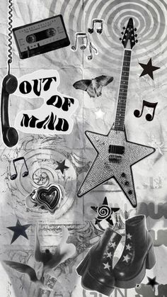 a black and white photo with music notes, stars, guitars, and other items