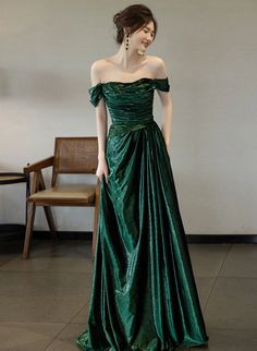 Green Long Prom Dress, Simple Evening Dress, Long Party Gowns, Green Evening Gowns, Green Formal Dresses, Off Shoulder Evening Dress, Multi Way Dress, Velvet Prom Dress, Floral Dress Formal