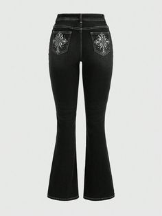 Women's Embroidered Jeans With Bell Bottoms And Cross Design, School Black    Denim Graphic,Halloween Flare Leg High Stretch  Women Clothing, size features are:Bust: ,Length: ,Sleeve Length: Legging Bell Bottoms, Cross Pants, Cute Black Pants, Cross Jeans, Mexican Pants, Black Bell Bottoms, Black Flared Jeans, Black Flares, Bell Bottom