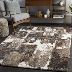 a living room area with a chair, rug and shelf in the middle of it