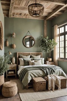 a bedroom with green walls and wooden ceilinging, wicker baskets on the floor