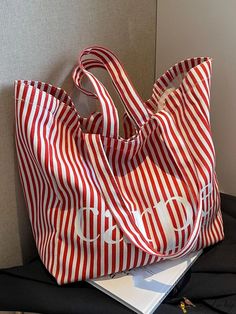 Sewing To Sell, Stylish Letters, Printed Handbags, Mua Sắm, Shoulder Tote Bag, Red And White Stripes, Shopper Bag, Inspiration Mode, Print Tote