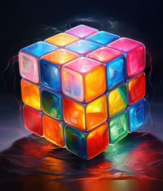 a colorful rubik cube on a reflective surface