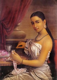 a painting of a woman sitting at a table with a tray of jewelry on it