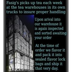 an advertisement with the words fasig's picks up tea each week at the tea warehouse in its own trucks to insure proper handling