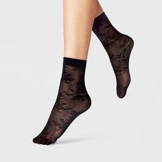 Women's Floral Sheer 2pk Anklet Socks - A New Day™ Black/Ivory One Size Fits Most Black Lace Thigh High Socks, Knee Length Lace Socks, Black Lace Socks, Black Lace Ankle Socks, Black Frilly Socks, Sheer Socks, Sock Shop, Sheer Fabrics, A New Day