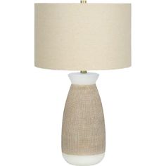 a white table lamp with a beige shade on the base and a light brown linen shade on the top