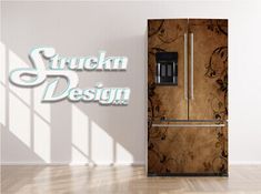 a brown refrigerator freezer sitting on top of a hard wood floor next to a white wall