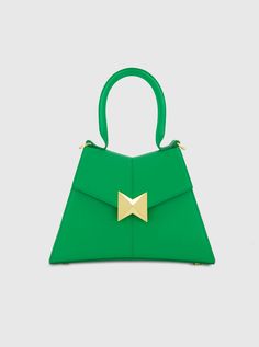 Angular Small Green Leather Handbag With Gold Hardware Green Leather Handbag, Summer Bridesmaid Dresses, Western Chic, Classic Handbags, Floral Knit, Chic Top, Mac Duggal, Midi Short Sleeve Dress, How To Make Handbags