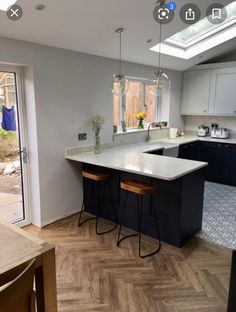 a kitchen with an island and two stools