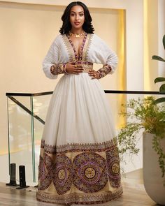 Traditional Ethiopian Wedding Dress, Ethiopian Graduation Dress, Eritrean Wedding Dress, Bohemian Dress For Navratri Reception, Habesha Graduation Dress, Maxi Length Kaftan For Wedding And Navratri, Wedding Kaftan For Navratri In Maxi Length, V-neck Kaftan With Dabka Work For Wedding, Indigenous Wedding Dress