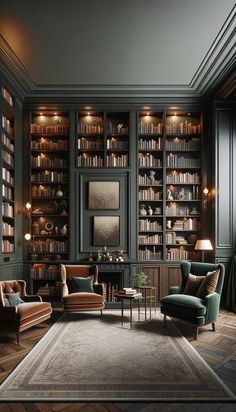 a living room filled with lots of bookshelves next to couches and chairs