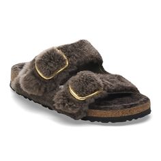 Plush it up. Oh-so-fluffy teddy shearling and oversized statement buckles transform the Arizona's iconic two-strap design into the season's be-seen style. Teddy shearling even pads the footbed lining for the ultimate cozy finish. Complete with classic BIRKENSTOCK design elements like a contoured cork-latex footbed that shapes to you with wear. Contoured cork-latex footbed creates custom support with wear Plush teddy shearling upper Teddy shearling footbed lining helps keep you comfortable EVA sole is flexible and lightweight Two adjustable straps with oversized metal pin buckles “Made in Germany” quality stamp on footbed Shearling Arizona Birkenstock Outfit, Sherpa Birkenstock, Fur Birkenstocks, Birkenstock Teddy Shearling, Birkenstock Shearling, Fall Wedges, Two Strap Sandals, Birkenstock Women, Strap Wedge