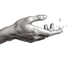 a drawing of a hand holding something with water coming out of the middle of it