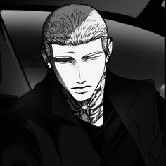 a drawing of a man with tattoos on his face and neck sitting in a car