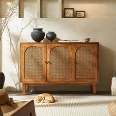 a cat laying on the floor in front of a wooden cabinet with wicker doors