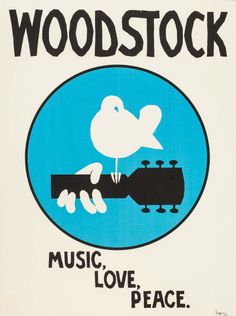 an advertisement for the woodstock music, love and peace concert in 1970 with a bird holding a guitar