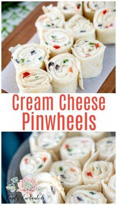 cream cheese pinwheels with text overlay that reads, cream cheese pinwheels