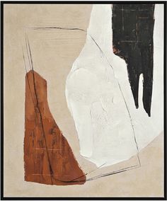 an abstract painting with brown and white colors on the bottom half of it, black and red