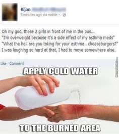 someone is pouring water into their hand and the caption says, apply cold water to the burned area