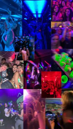 a collage of people dancing at a party with neon lights on the dance floor