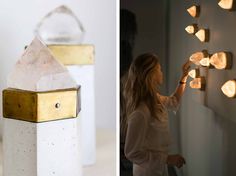 a woman standing next to a wall with some lights on it and another photo of a person holding something in her hand