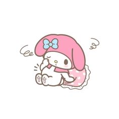 hello kitty sitting on top of a pillow with a bow in her hair and wearing a pink hat