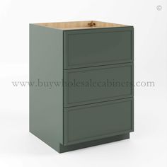 a green filing cabinet with two drawers on the bottom and one drawer in the middle