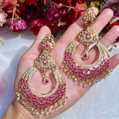 stunning chandbali in gold plated silver Gold Chandbali Bridal Earrings With Ruby, Gold Ruby Chandbali Bridal Earrings, Luxury Earrings With Intricate Design For Festivals, Bollywood Style Bridal Earrings With Gold And Ruby, Luxury Chandbali Earrings For Festivals, Elegant Heavy Gold Plated Earrings, Gold Ruby Earrings For Celebration, Elegant Red Pearl Earrings For Festivals, Ruby Gold Drop Danglers