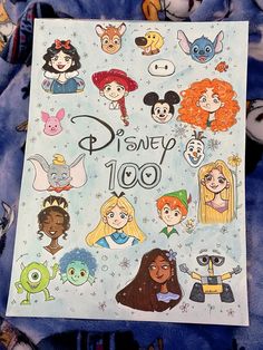 there are many disney characters on this sheet of paper with the words disney 100 in front of them