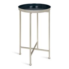 a round metal table with a blue tray on the top and legs, against a white background