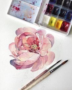 a watercolor painting of a pink flower on a white paper with two paintbrushes next to it