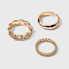 Add a subtle finishing touch to your everyday or party looks by accessorizing with this 3-Piece Smooth Band and Ball Ring Set from A New Day™. This ring set includes three rings — one in a link-chain design, one simple band and one featuring knotted detailing — each in a golden finish to give you plenty of options to find the look that's perfect for you. Great for everyday use, you can mix and match these gold-finish rings together or pair them with other rings or bracelets to add a touch of gla Gold Ring Price, Jewlery Rings, Layered Rings, Simple Band, Brass Band, Three Rings, Jewelry Lookbook, Chain Design, One Ring