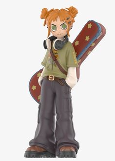 a figurine is holding a snowboard in his hand and wearing headphones