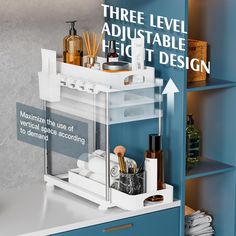 there is a shelf with various items on it and the words, three level adjustable height hight design