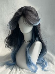 Discover a fusion of elegance and whimsy with this exquisite wig, featuring a striking black and misty blue balayage. Designed with a sophisticated middle parting, this wig cascades into long, luscious waves that effortlessly evoke a sense of ethereal beauty. The adjustable cap ensures a comfortable and secure fit, making it perfect for all-day wear. Whether you're looking to enhance your everyday look or channel your inner Lolita or Kawaii style, this wig offers versatile styling possibilities. Light Blue And Black Hair, Blue Black Wig, Blue Hair Ombre, Blue Hair Wig, Black And Blue Hair, Kawaii Wig, Blue Balayage, Blue Hair Dye, Pretty Hair Cuts