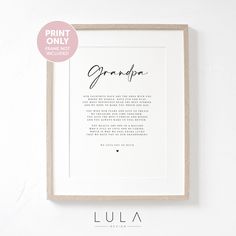 a framed print with the words grandpa written in cursive writing on it's paper