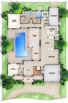 the floor plan for this house shows the pool and living area, as well as two separate