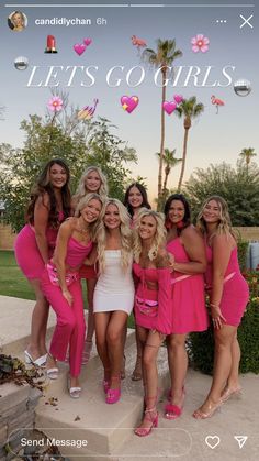 Pink Birthday Theme Outfit, Dress For Bachelorette Party The Bride, Pink Themed Bachelorette Party Outfits, Pink Bride Bachelorette, Bridal Shower Outfit Theme Ideas, Barbie Bach Outfits, Bride Wears Pink Bachelorette, Hen Do Dress Themes, Bride In White Bridesmaids In Pink Bachelorette